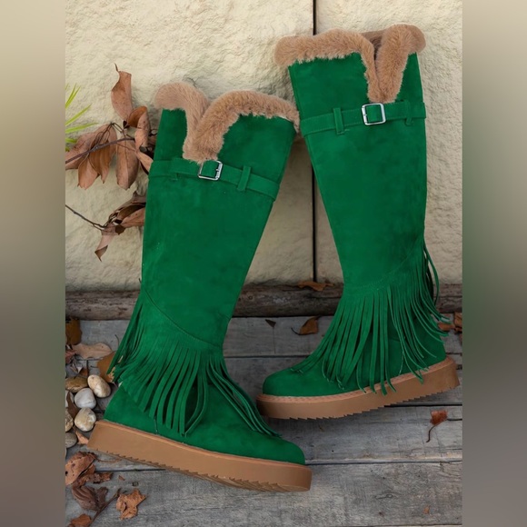 Green Fringe Knee-High Boots